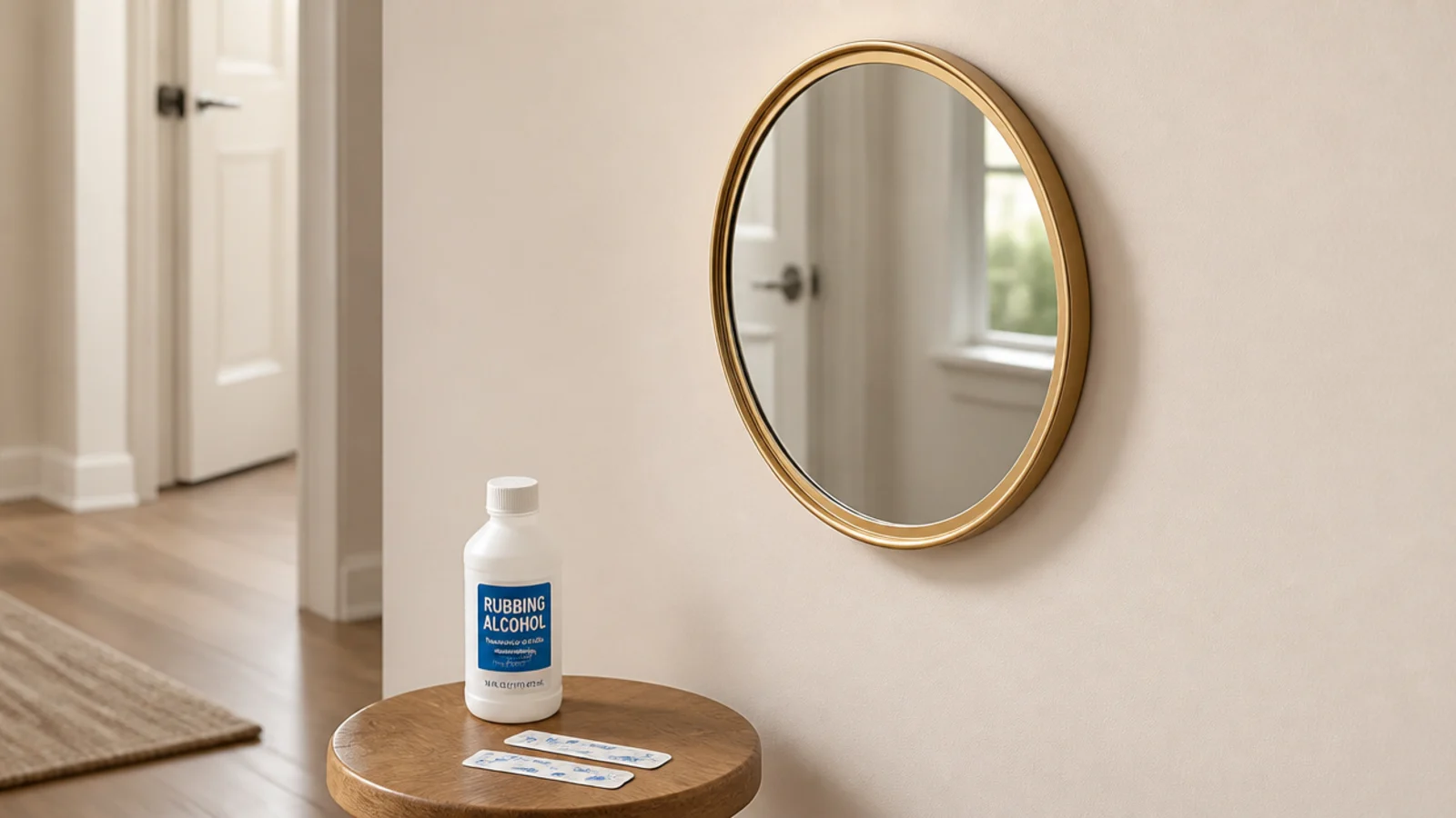 small light gold framed mirror mounted with adhesive strips on a hallway wall