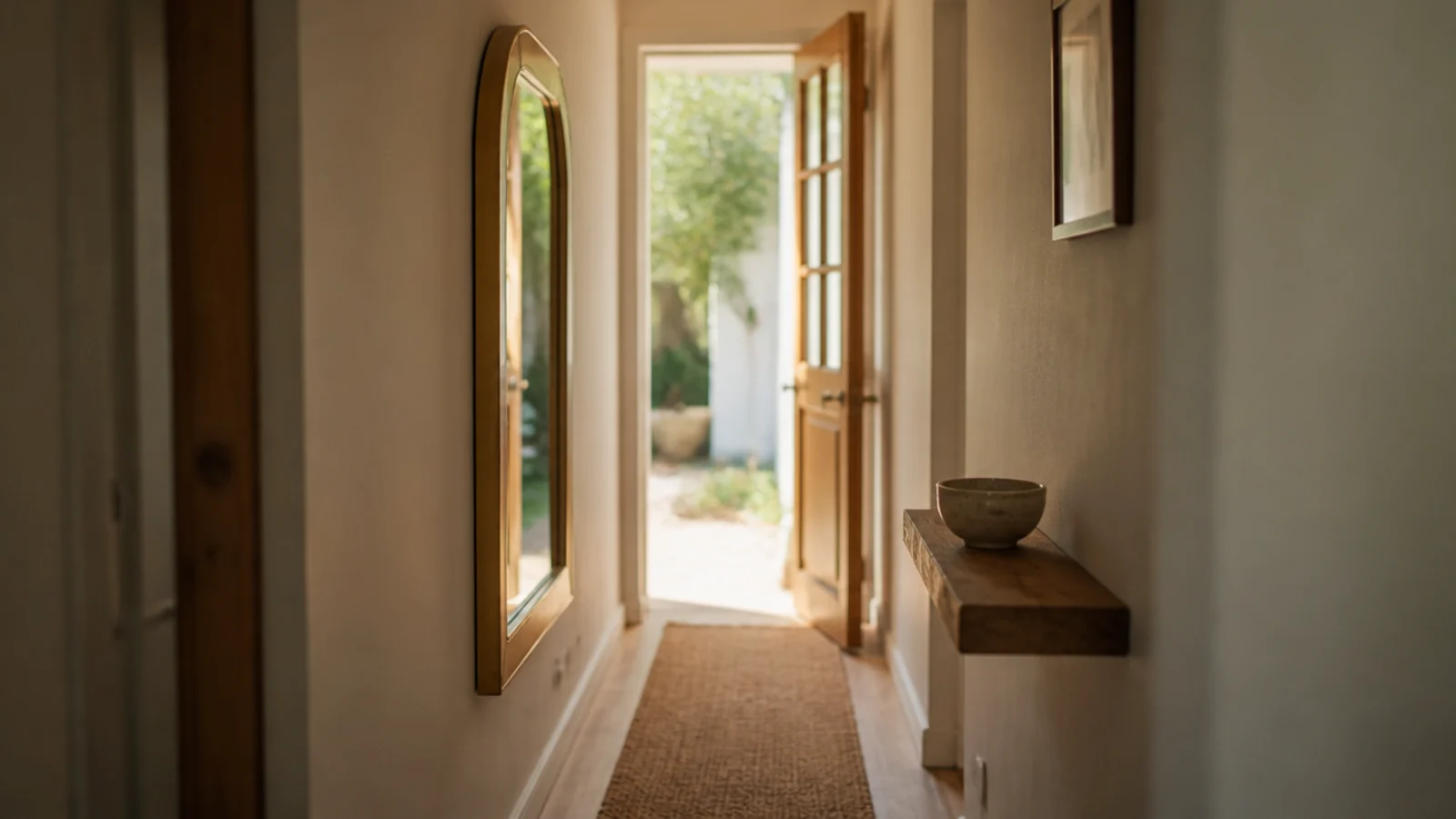 tall narrow gold arched mirror on the long wall of a slim hallway