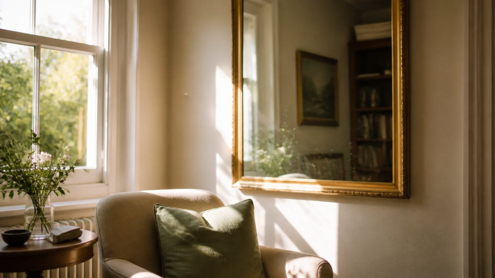 gold framed mirror facing a window bouncing daylight across a living room wall