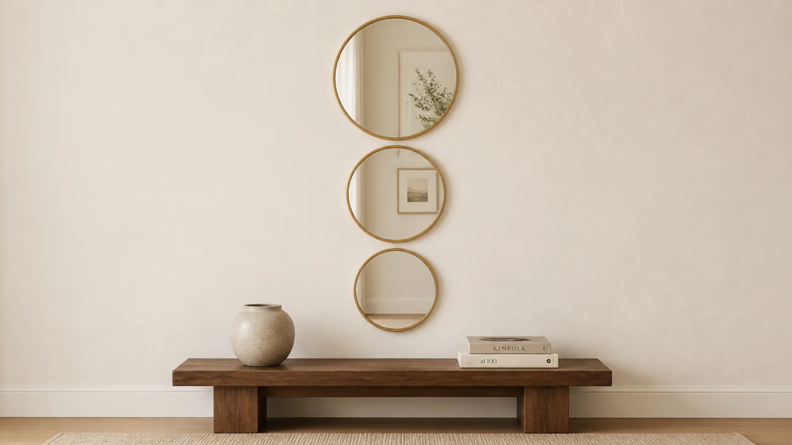 vertical column of three small gold mirrors spaced tightly on one wall