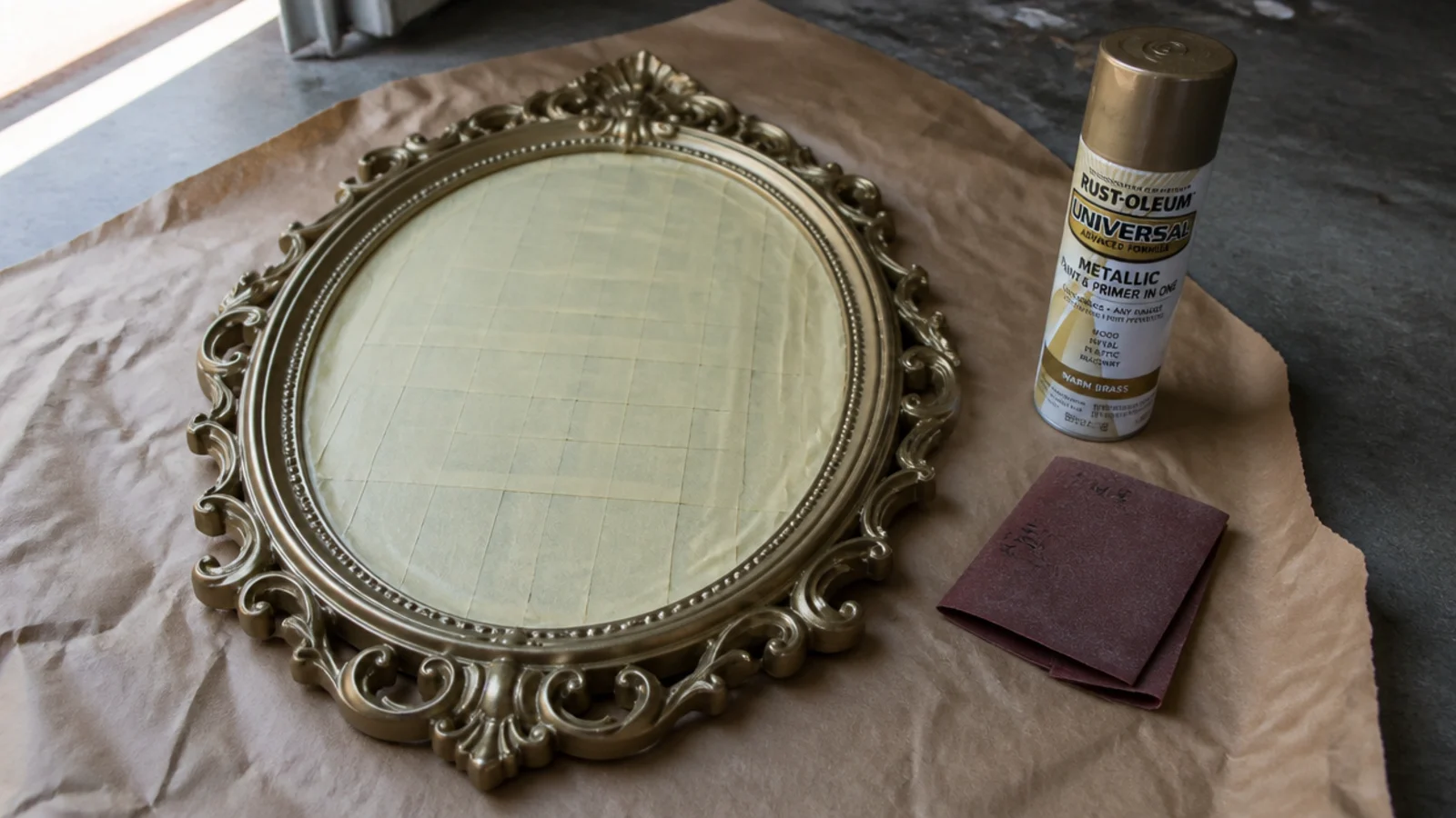thrifted mirror frame masked and resprayed in warm antique gold paint