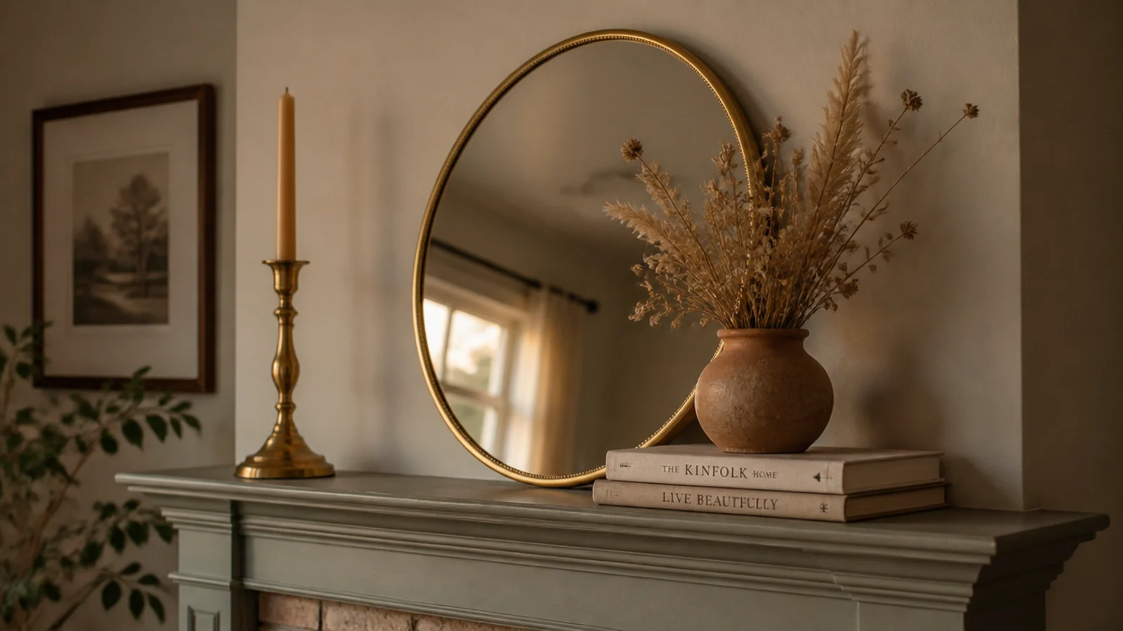 small gold mirror leaning on a mantel ledge behind a clay vase
