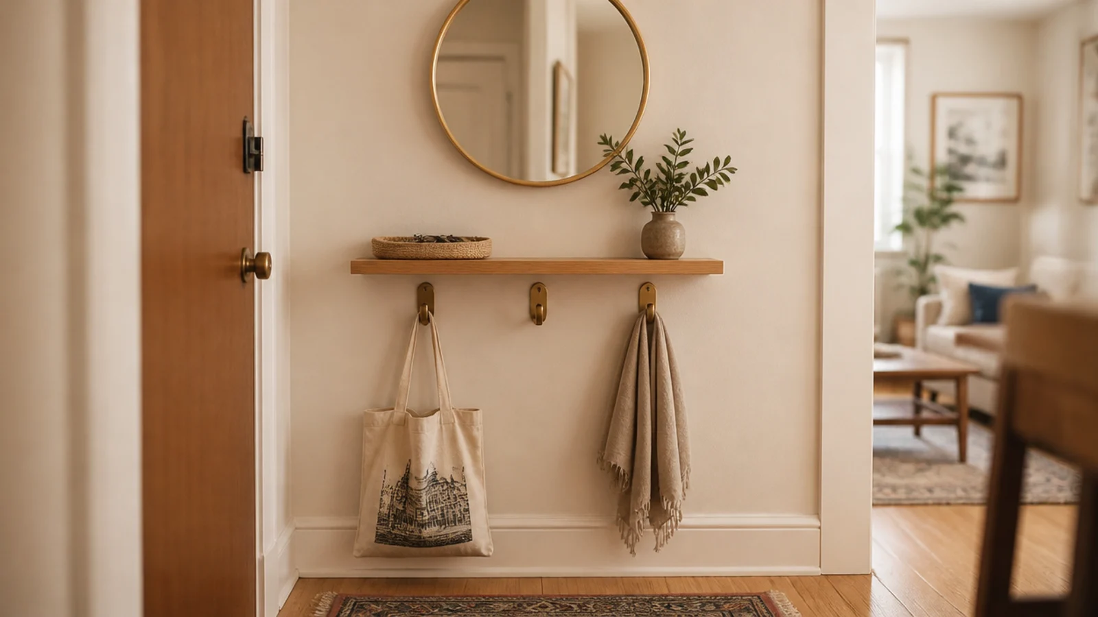 round gold entry mirror above three brass hooks holding a canvas tote