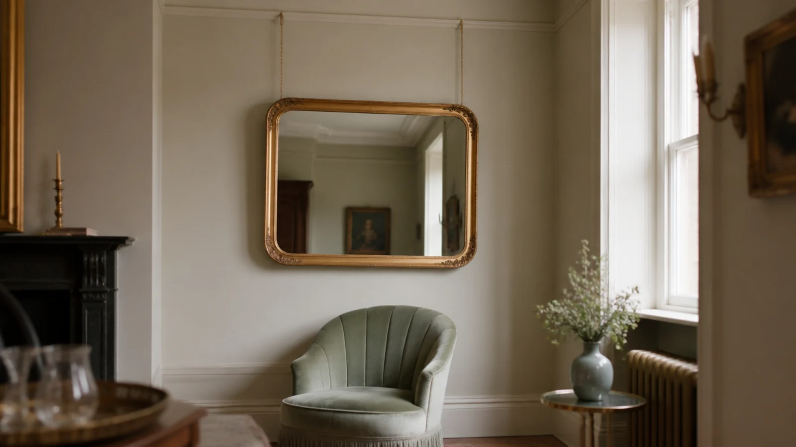 gold mirror suspended on two brass chains from a period picture rail