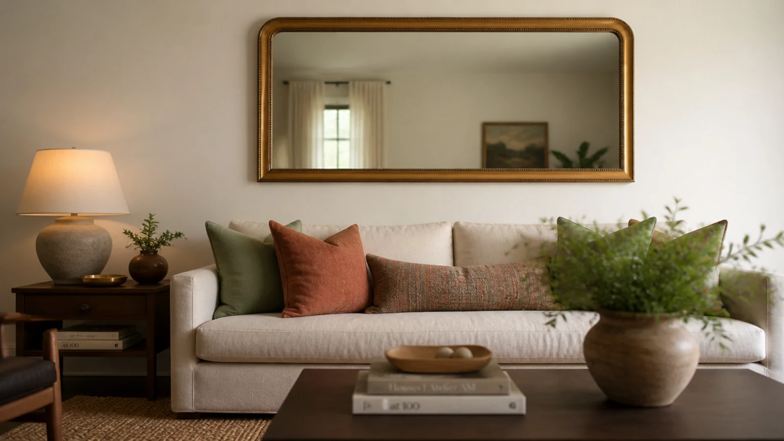 wide gold mirror hung well above a linen sofa back in a living room