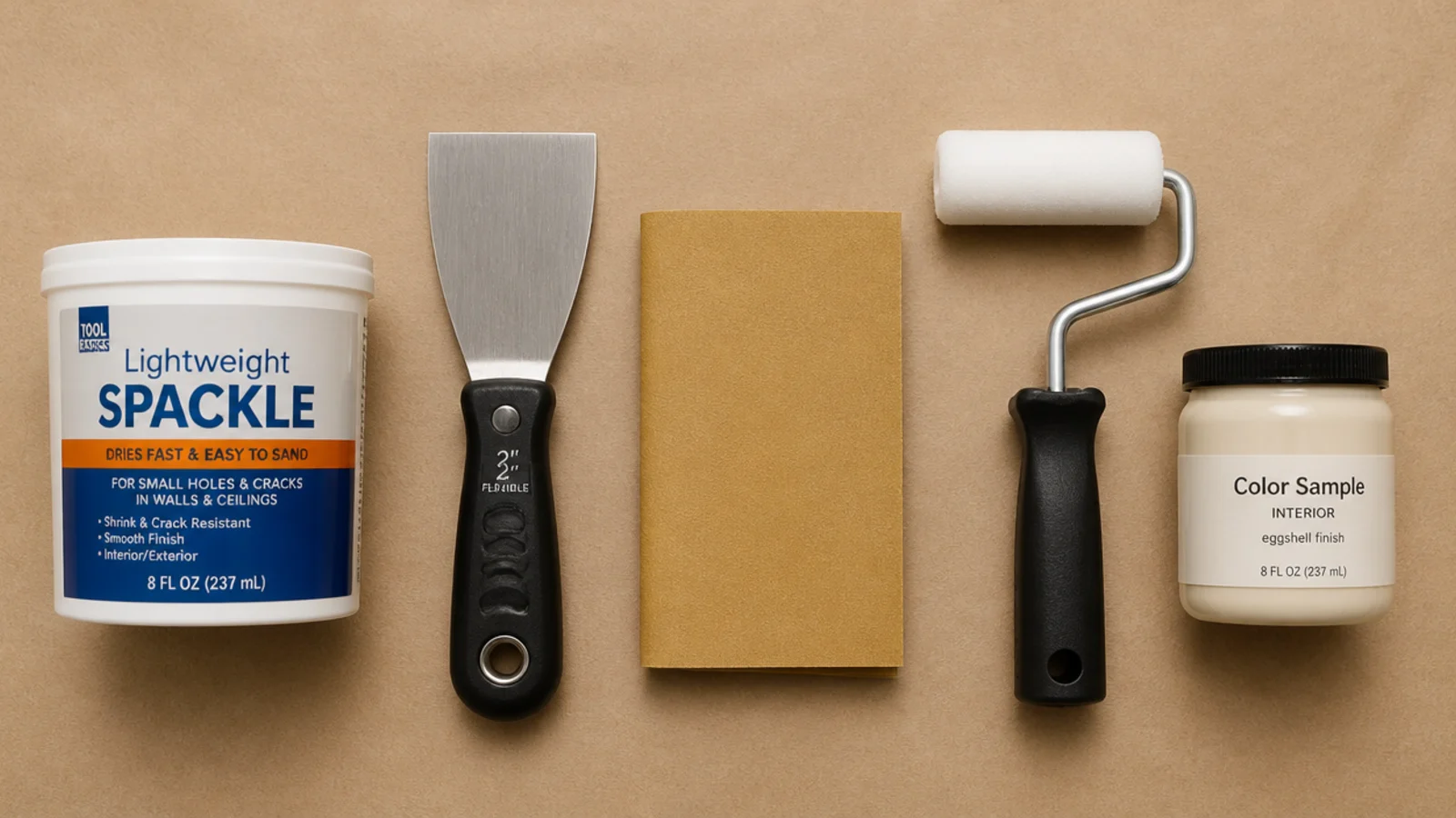 spackle putty knife sandpaper and paint pot laid out for patching mirror holes