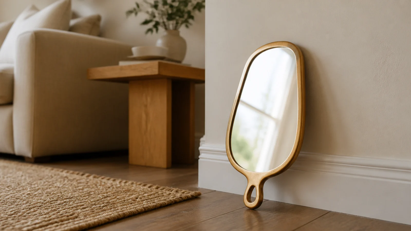 hand mirror held against a living room wall testing the reflected view