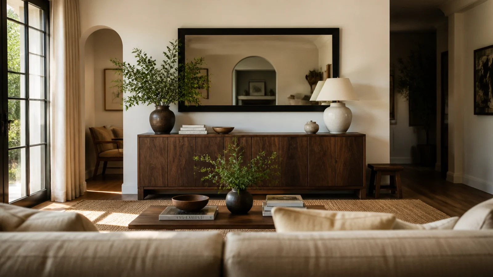 wide mirror hung on the wall facing a linen sofa across the room
