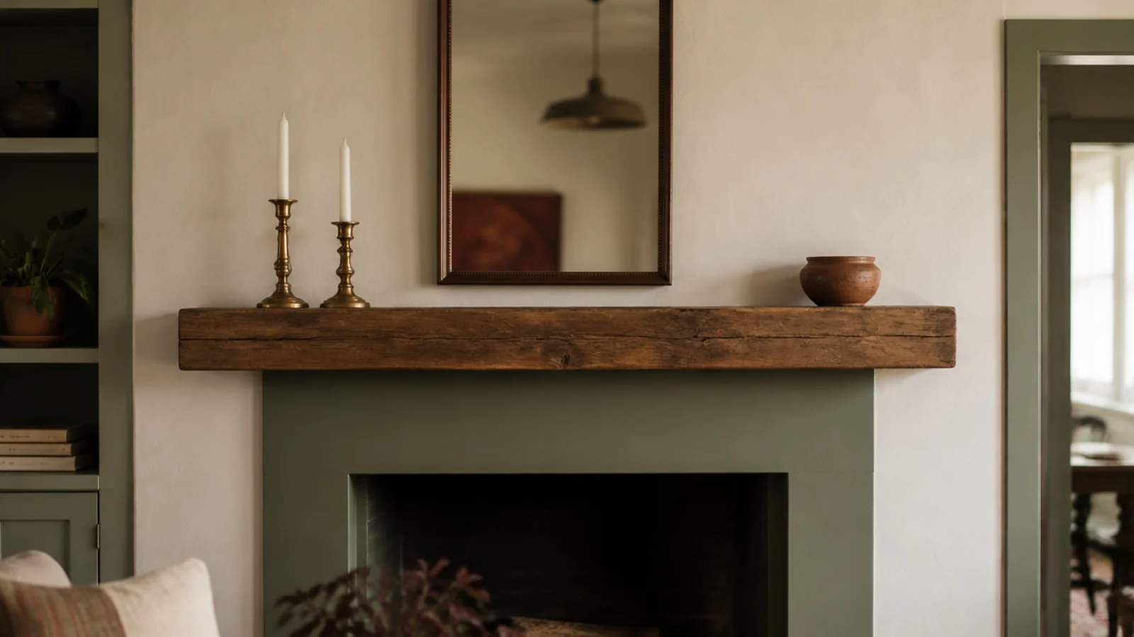 rectangular mirror above a fireplace mantel narrower than the shelf