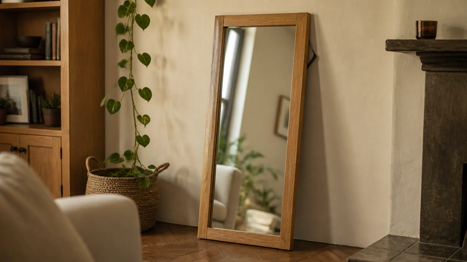 tall mirror leaning in a living room corner with a strap behind it