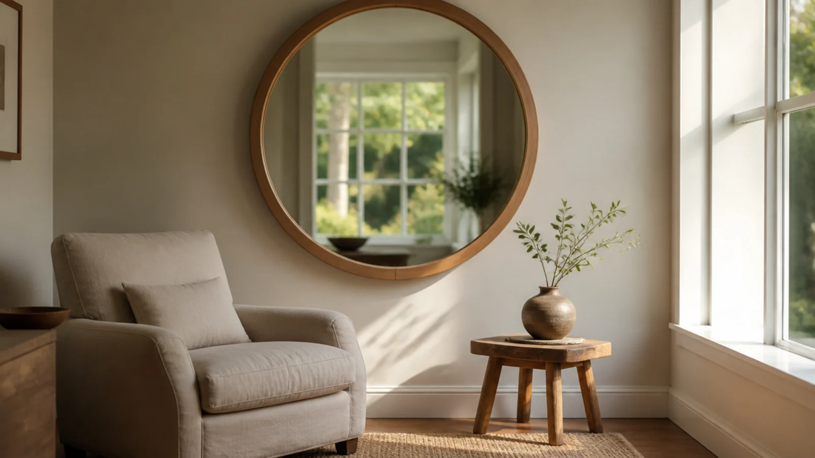 round mirror facing a living room window doubling the daylight indoors