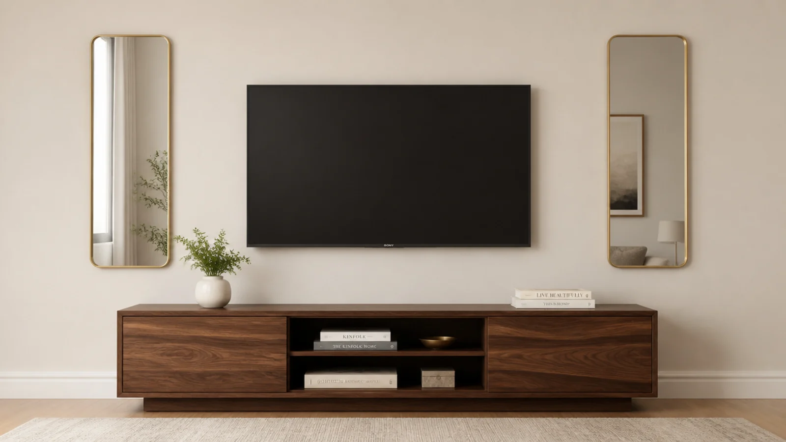 two slim vertical mirrors either side of a wall mounted television