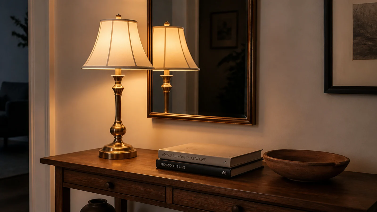 brass lamp glowing in front of a small mirror on a console table