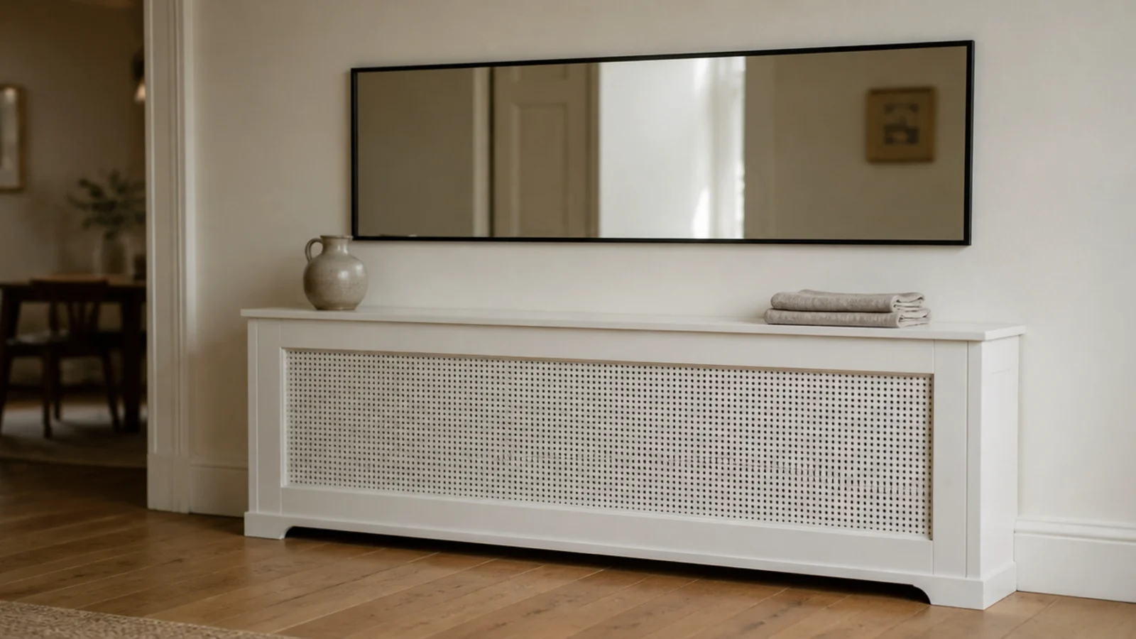horizontal mirror hung above a painted radiator cover in a living room