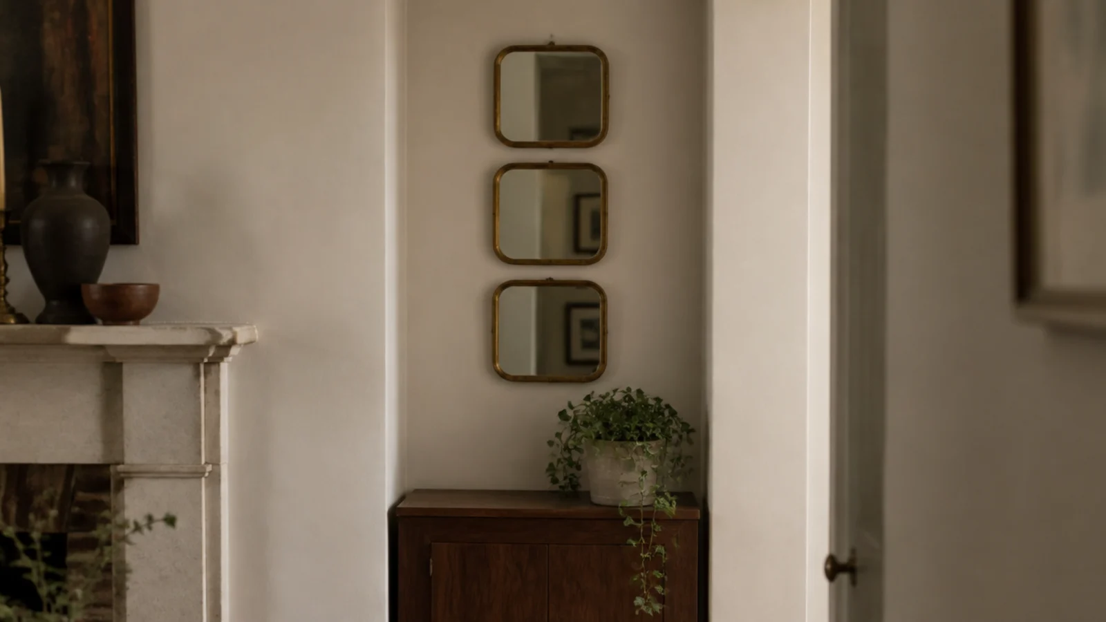 cluster of three small mirrors filling a narrow chimney breast alcove