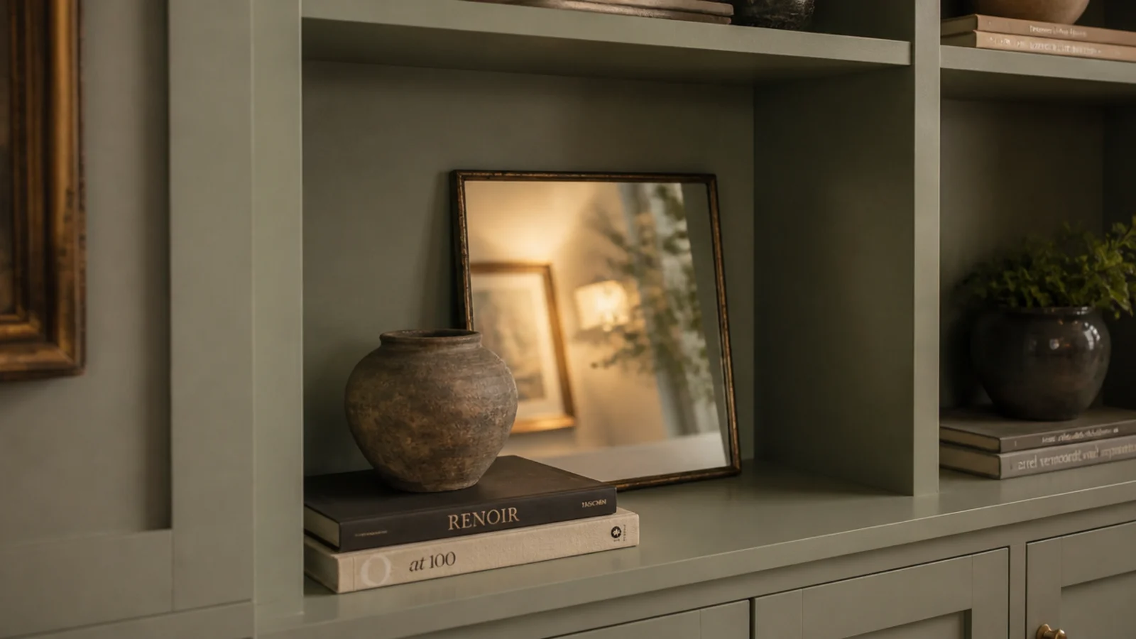 small mirror leaning against the back panel of a painted built-in shelf