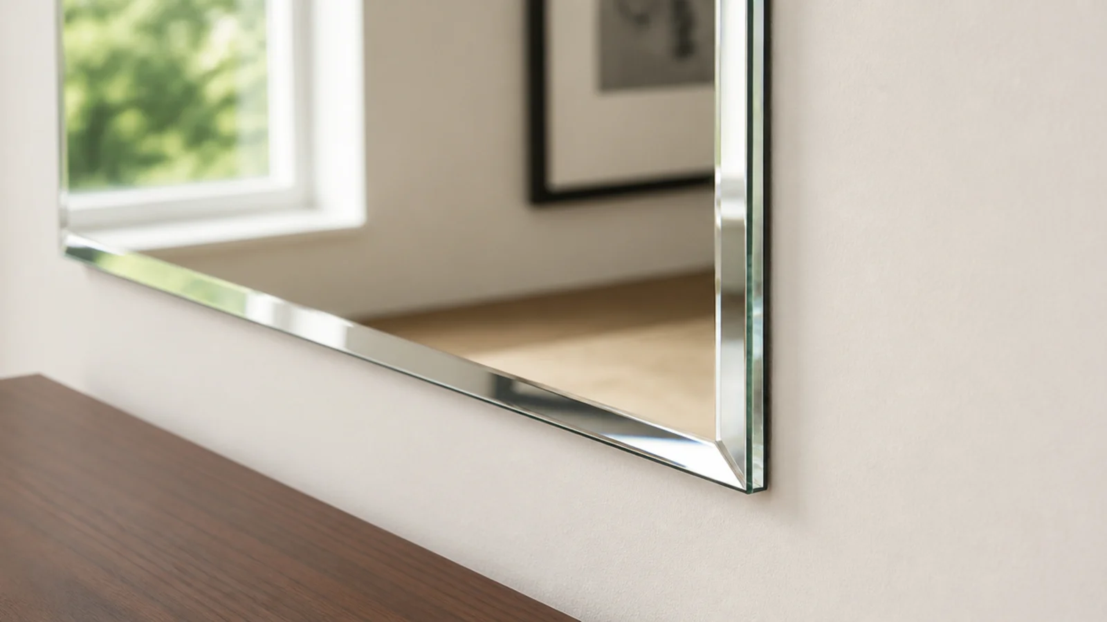 frameless bevelled mirror panel mounted flush on a pale rental wall