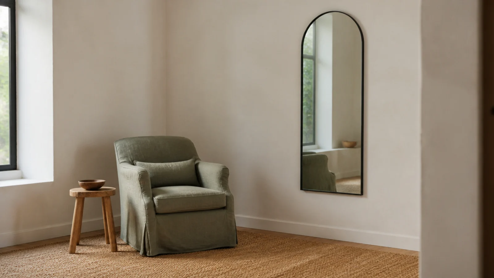 arched mirror filling an empty living room corner beside a chair