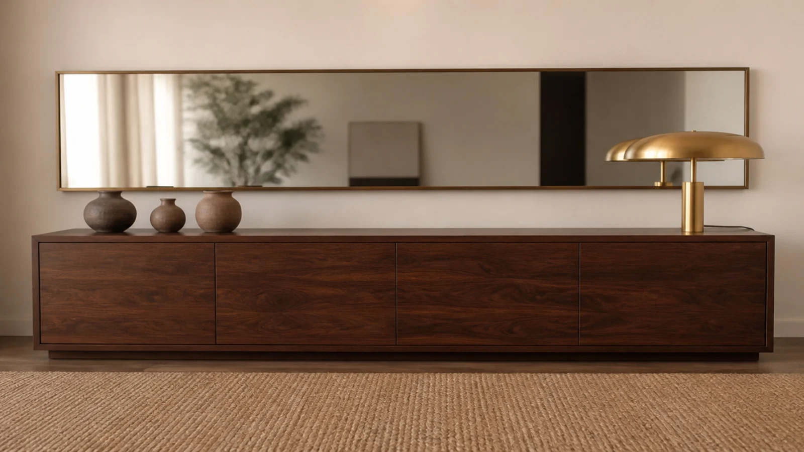 wide horizontal mirror stretching above a low walnut credenza
