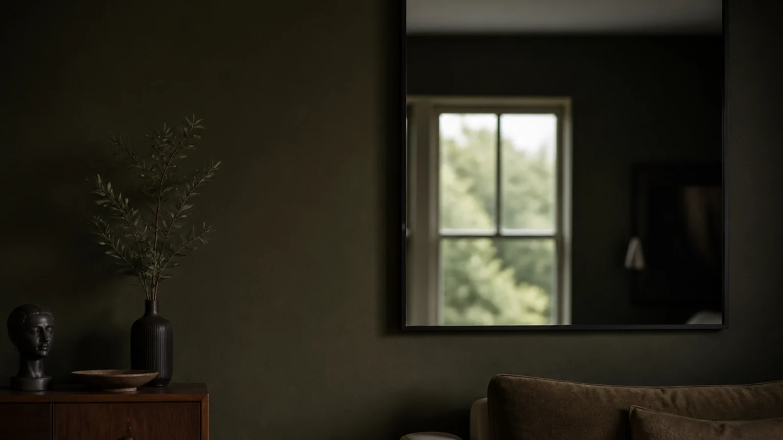 black framed mirror almost disappearing into a deep olive painted wall