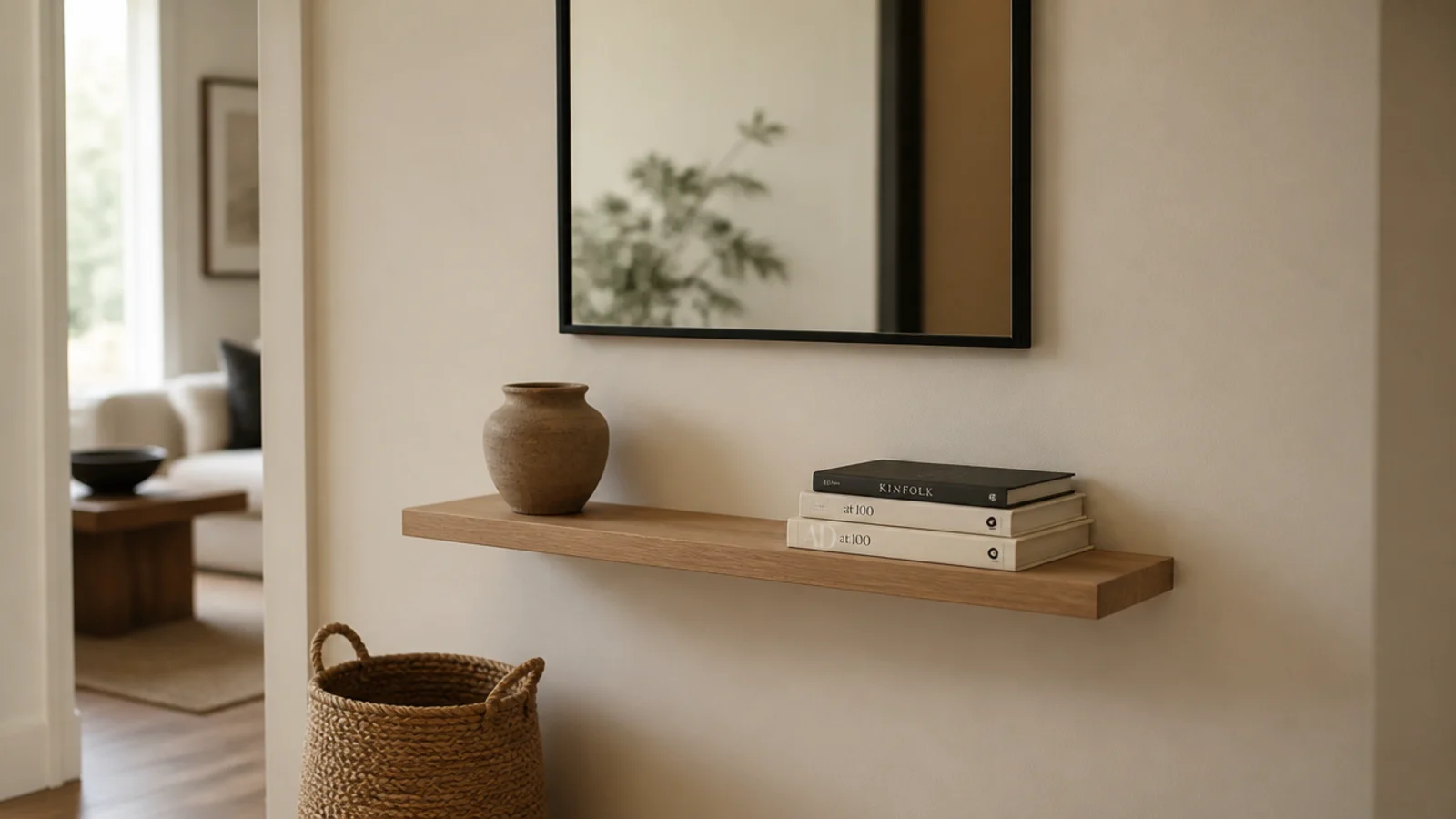 mirror hung above a narrow oak floating shelf holding small objects