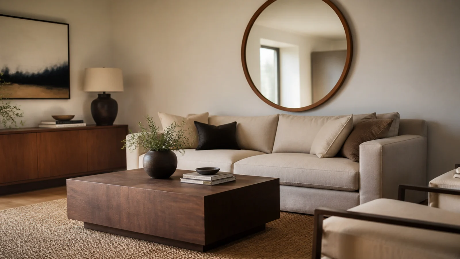 large round mirror softening a living room full of square furniture