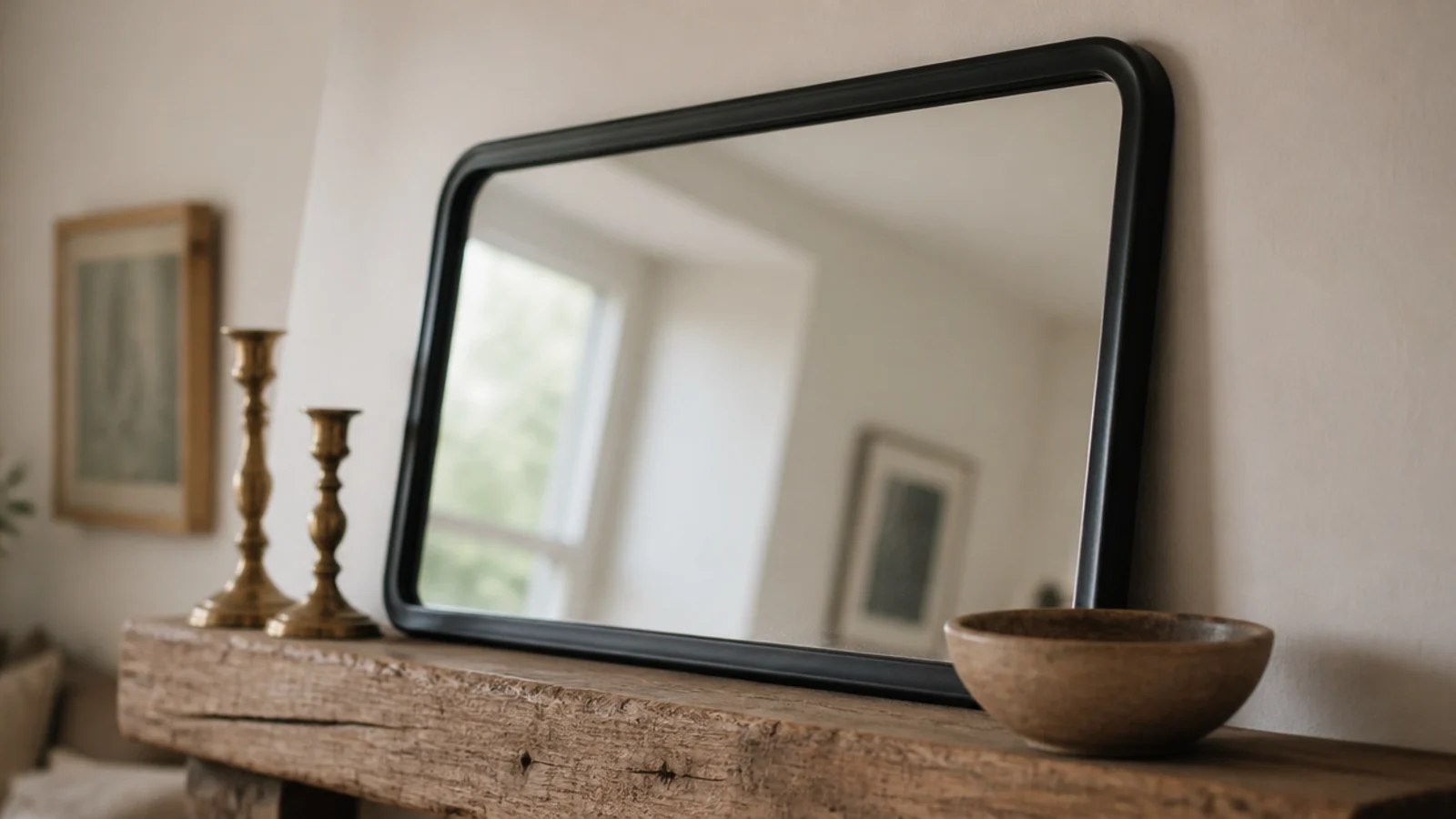 wide mirror leaning on a mantel shelf with a tether behind the frame
