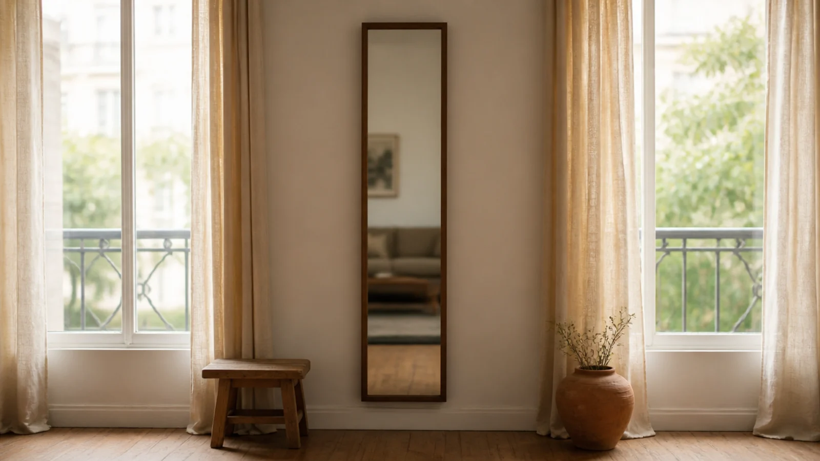 tall narrow mirror mounted on the pier of wall between two windows