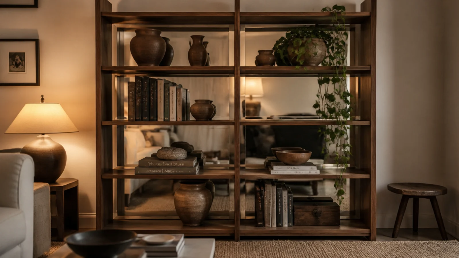 open shelving unit backed by mirror panels reflecting styled objects