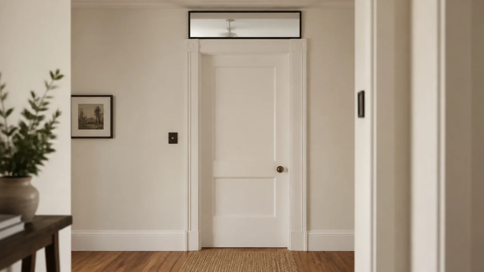 small horizontal mirror mounted above a living room door frame