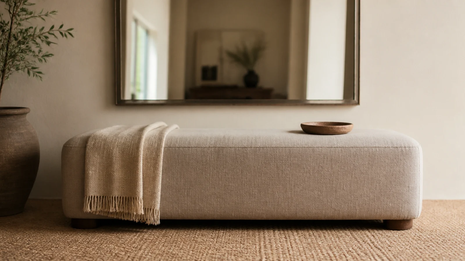 low hung mirror behind an upholstered ottoman in a living room