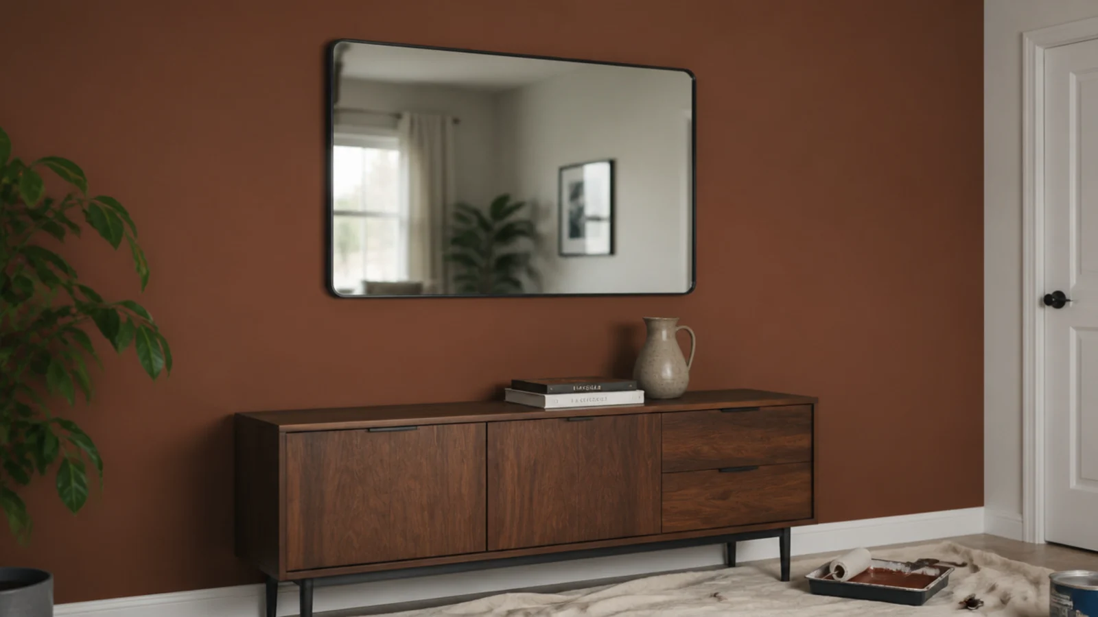 freshly painted deep clay wall with a large mirror hung centrally