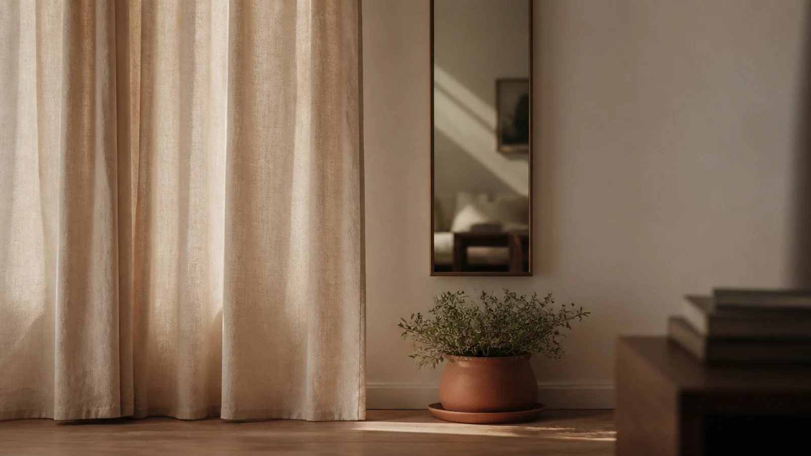 mirror hung at the end of a curtain run beside living room drapes