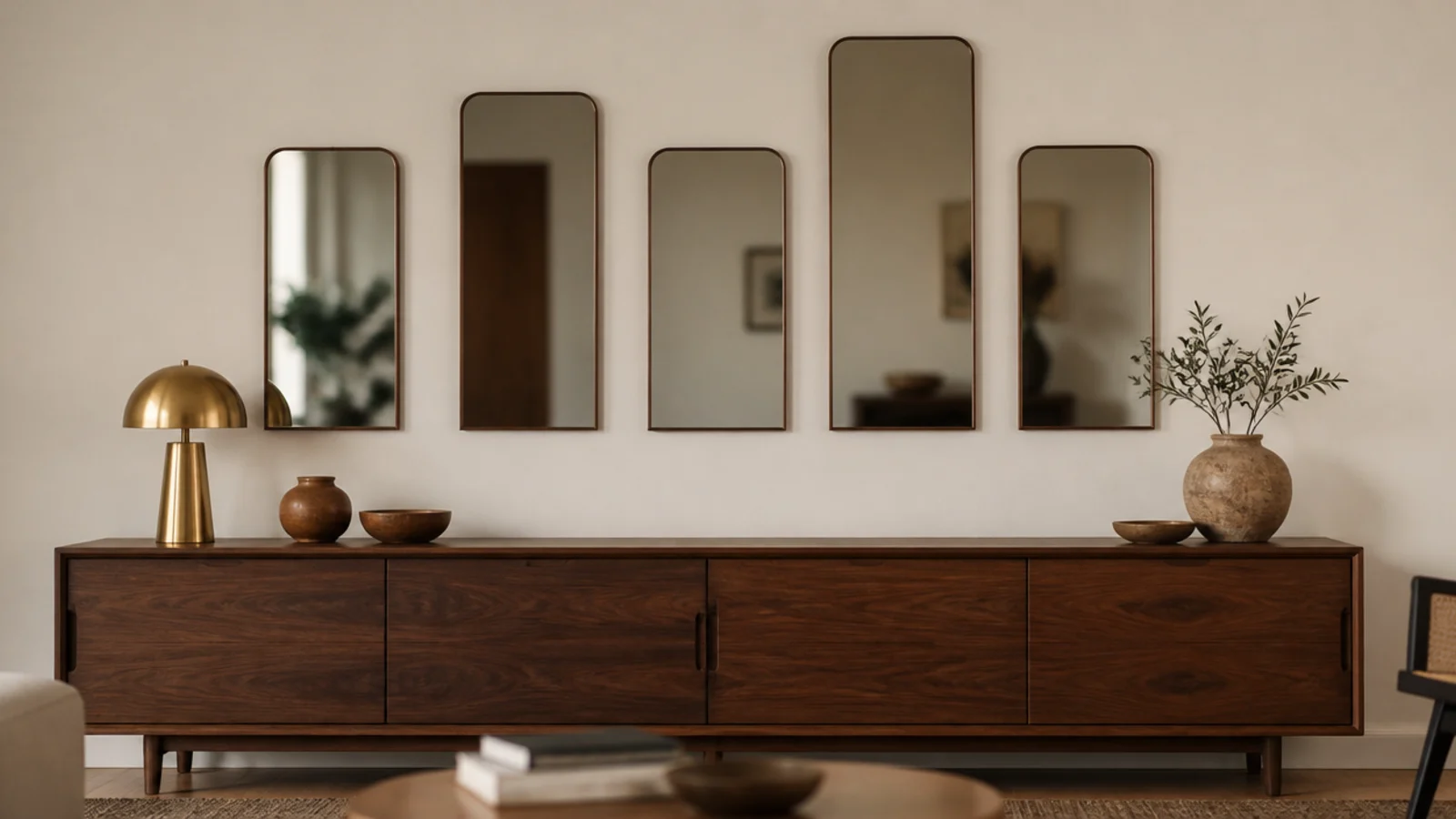 row of mirrors in a level horizontal band above a long credenza