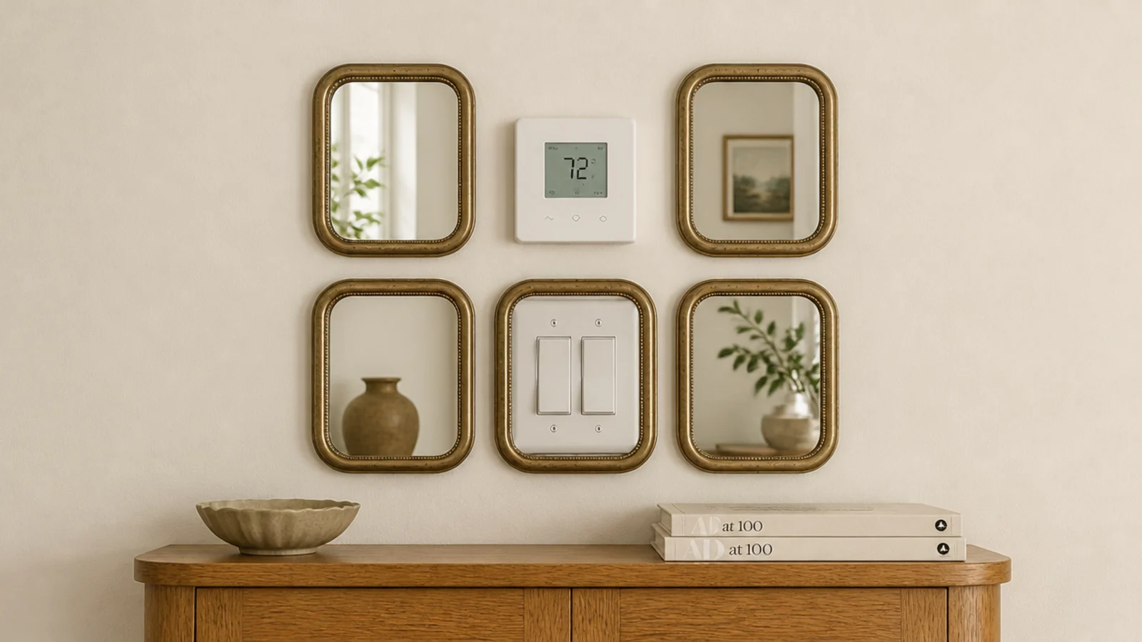 mirror cluster arranged to disguise a wall thermostat and switches