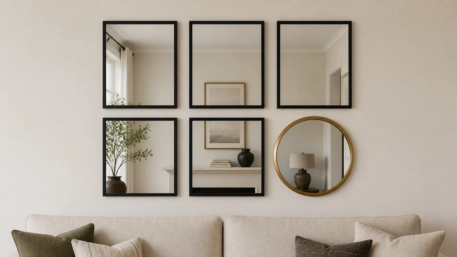 cluster of rectangular mirrors with a single round mirror included
