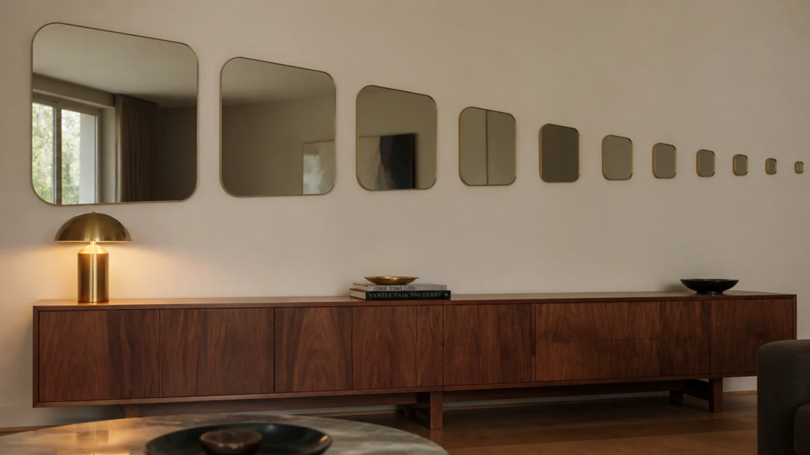 mirrors graduating from large to small across a wide wall