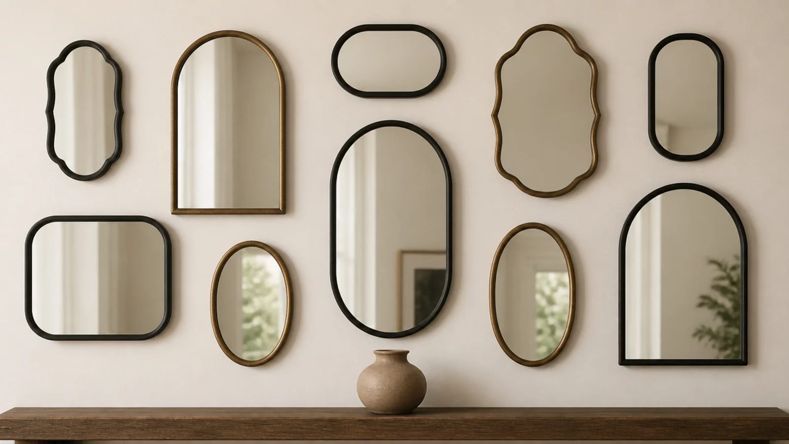 aged brass frames repeating at intervals across a mixed mirror cluster