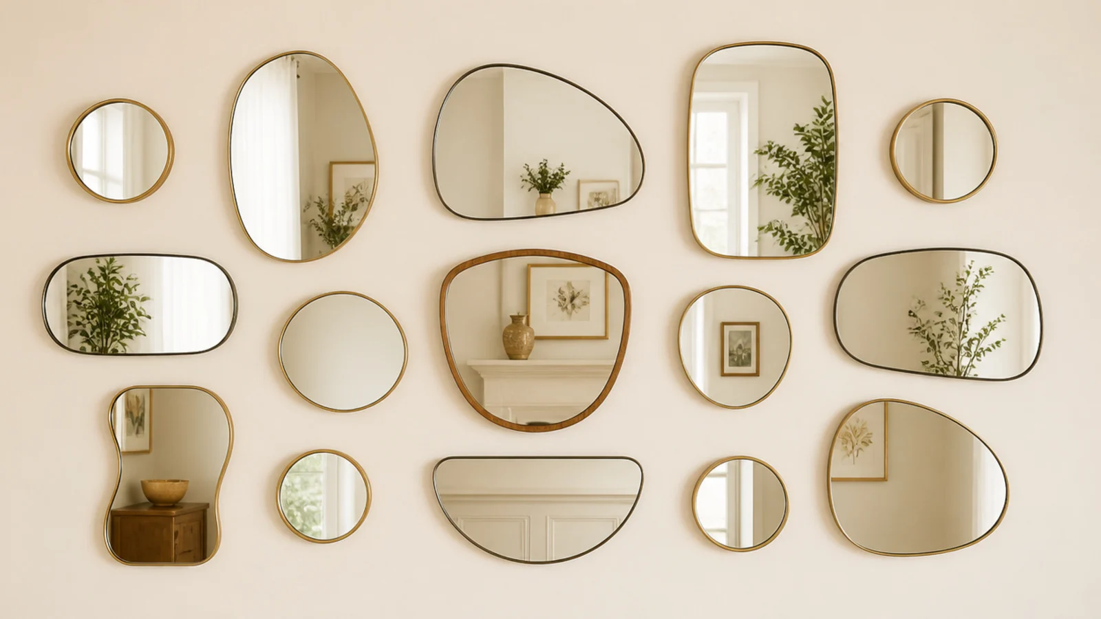 four identical small round mirrors scattered through a mixed cluster