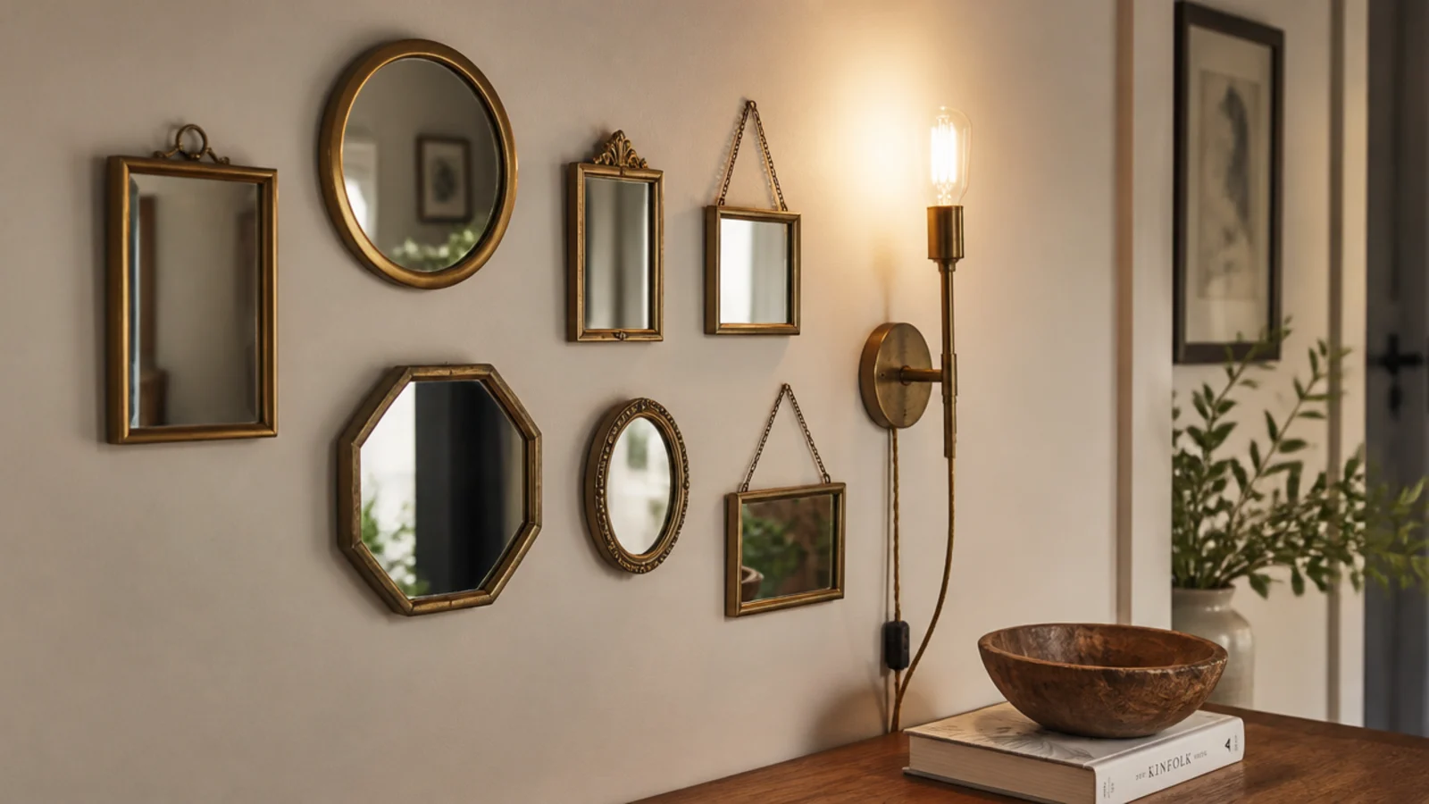 small brass sconce included within a wall cluster of mirrors
