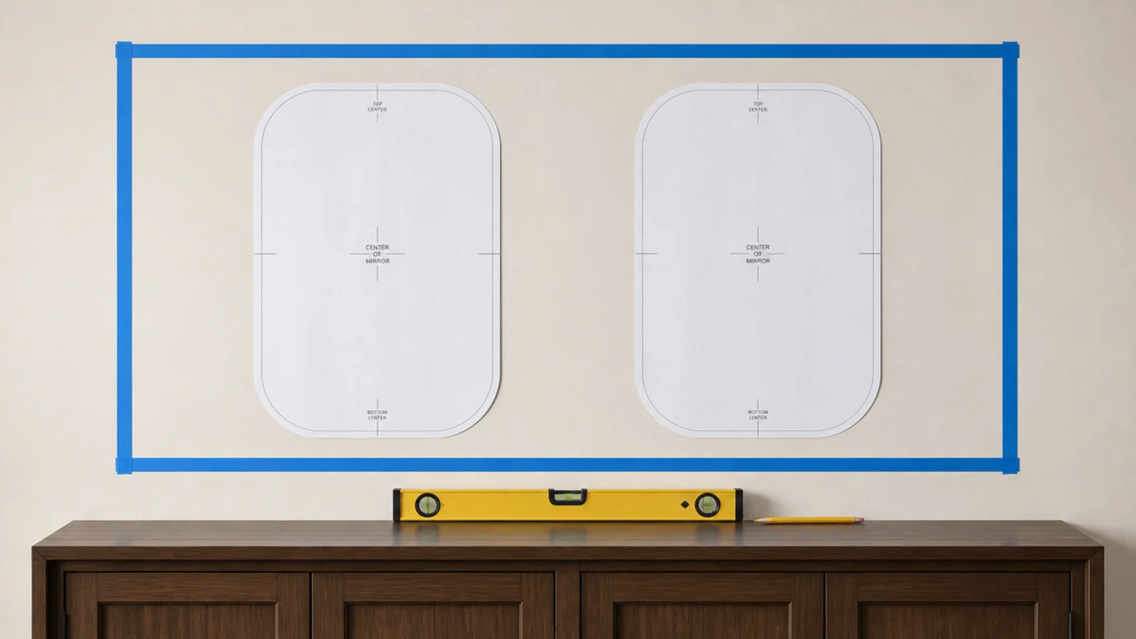 painter tape rectangle marking the outer boundary of a mirror cluster