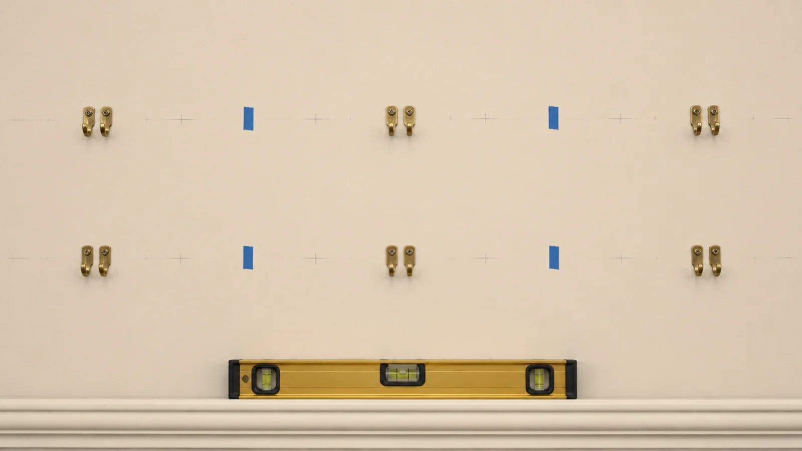 pair of level hooks marked behind each mirror in a cluster