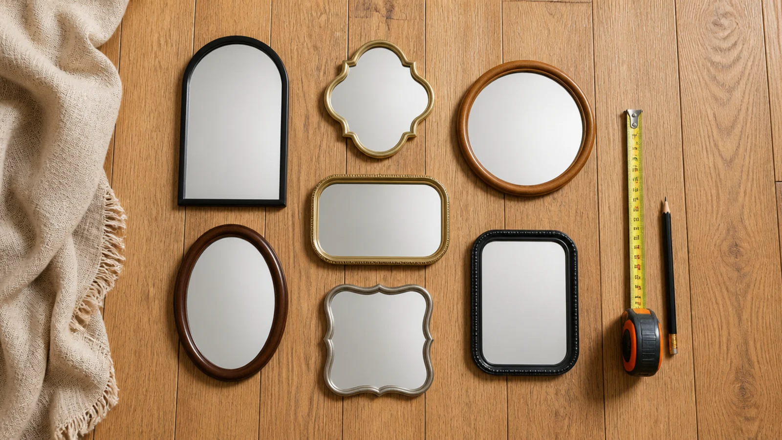 thrifted mirrors laid out on the floor to plan a gallery wall layout