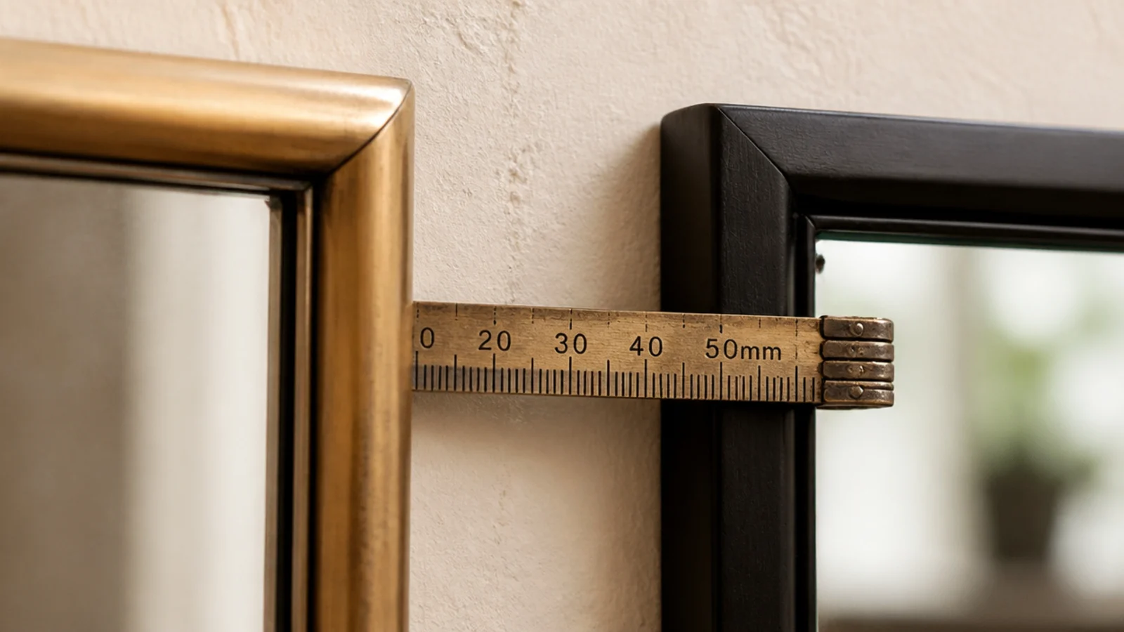 ruler measuring the small gap between two framed mirrors on a wall