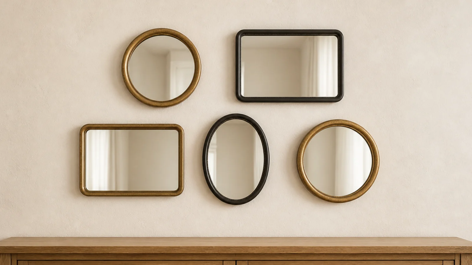 group of five small mirrors clustered on a pale plaster wall