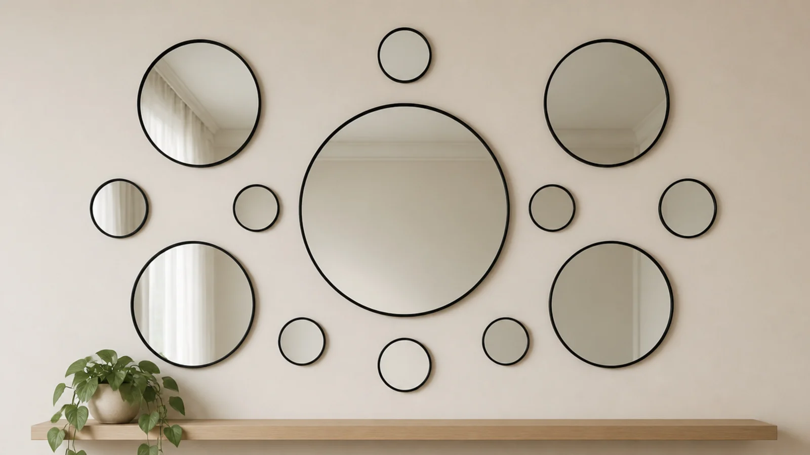 mirror gallery wall mixing large and small rounds in matching frames