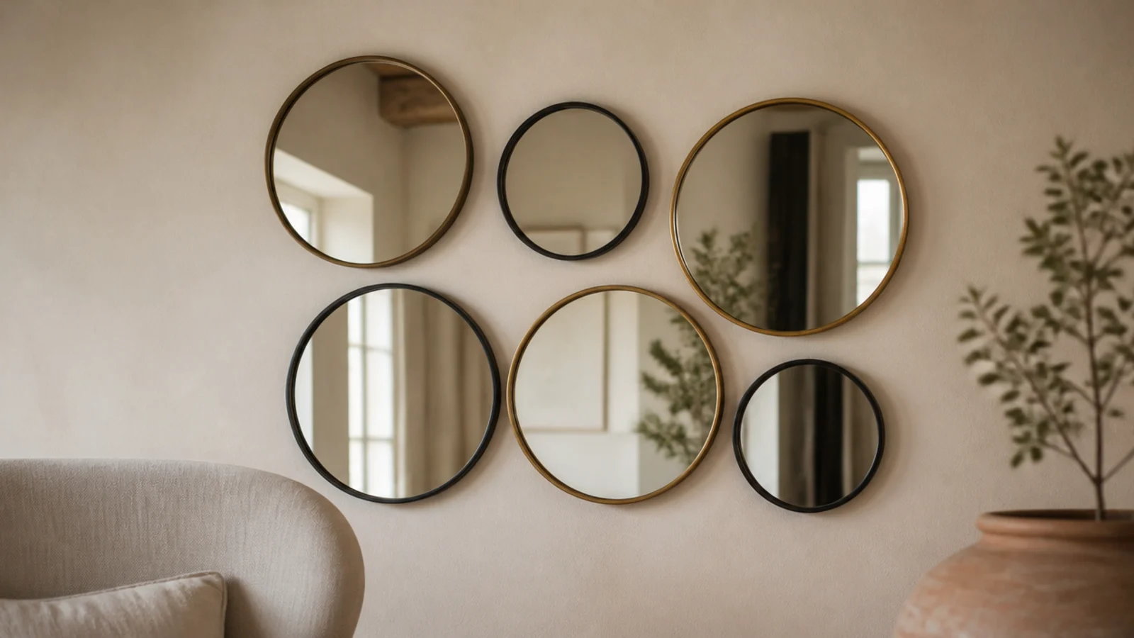 brass and black mirror frames repeating across a small gallery wall