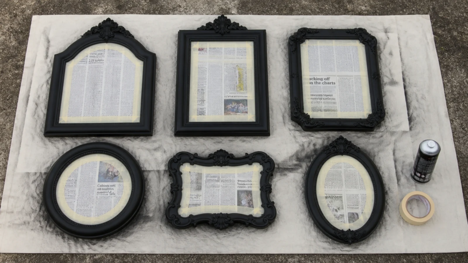 mismatched mirror frames drying after a single coat of matte spray paint