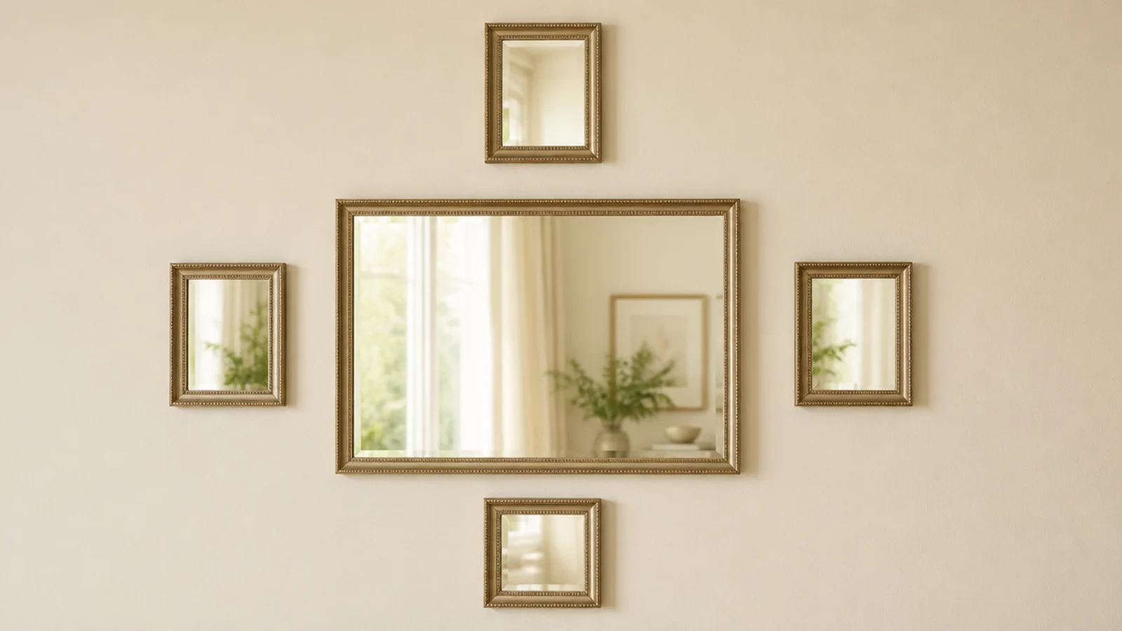 largest mirror placed off centre with smaller ones grouped around it