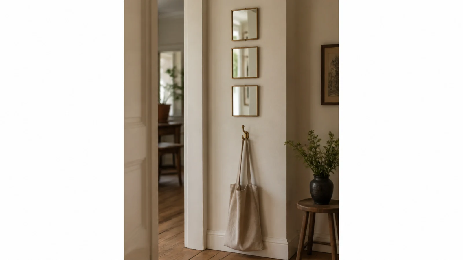 vertical column of three small mirrors on a narrow wall strip